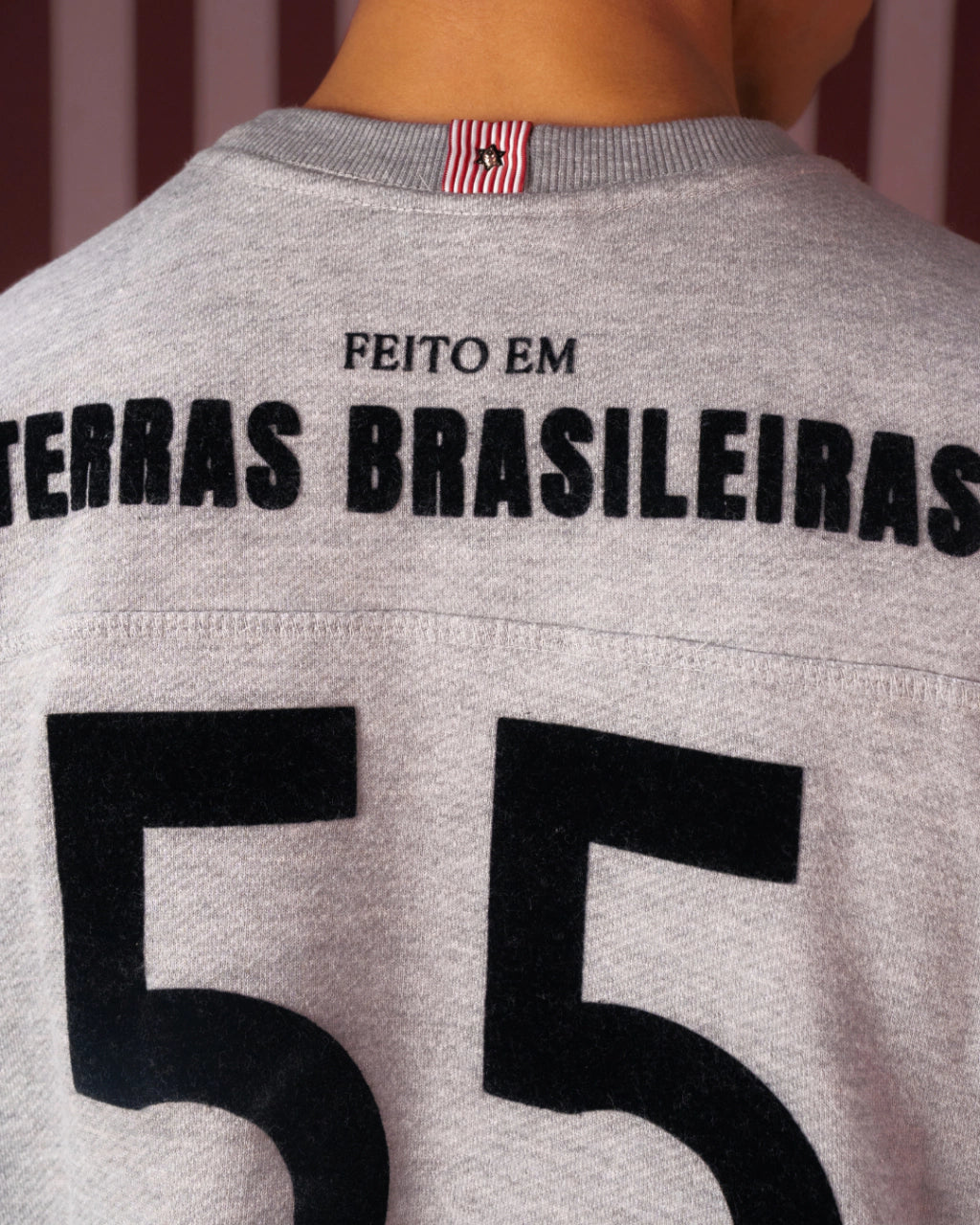 Detalhe da parte de trás de camiseta cinza com a frase "Feito em Terras Brasileiras" e número 55 em preto