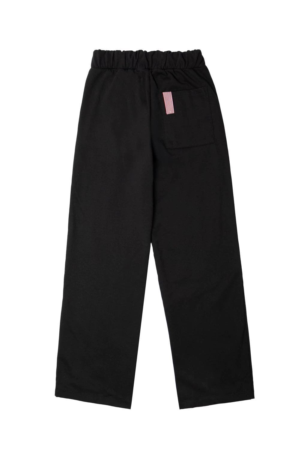 Calça preta Precio com cós elástico e bolso traseiro com etiqueta listrada vermelha e branca