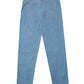 Calça jeans azul clara Aporo Sulco vista por trás com bolsos traseiros e bordado de sol