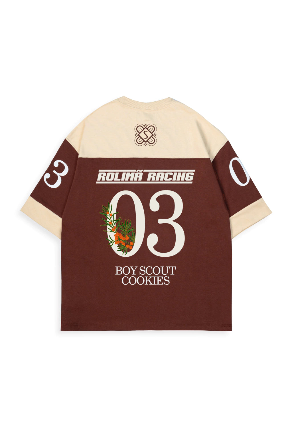 Camiseta Rolimã Racing Marrom com estampa arco iris e detalhes em bege da marca "SOPRO"