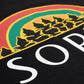 Camiseta preta Rolimã Racing com estampa colorida de arco-íris e logo da marca SOPRO.