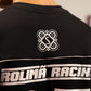 Camiseta preta Rolimã Racing com estampa colorida de arco-íris e logo da marca SOPRO.