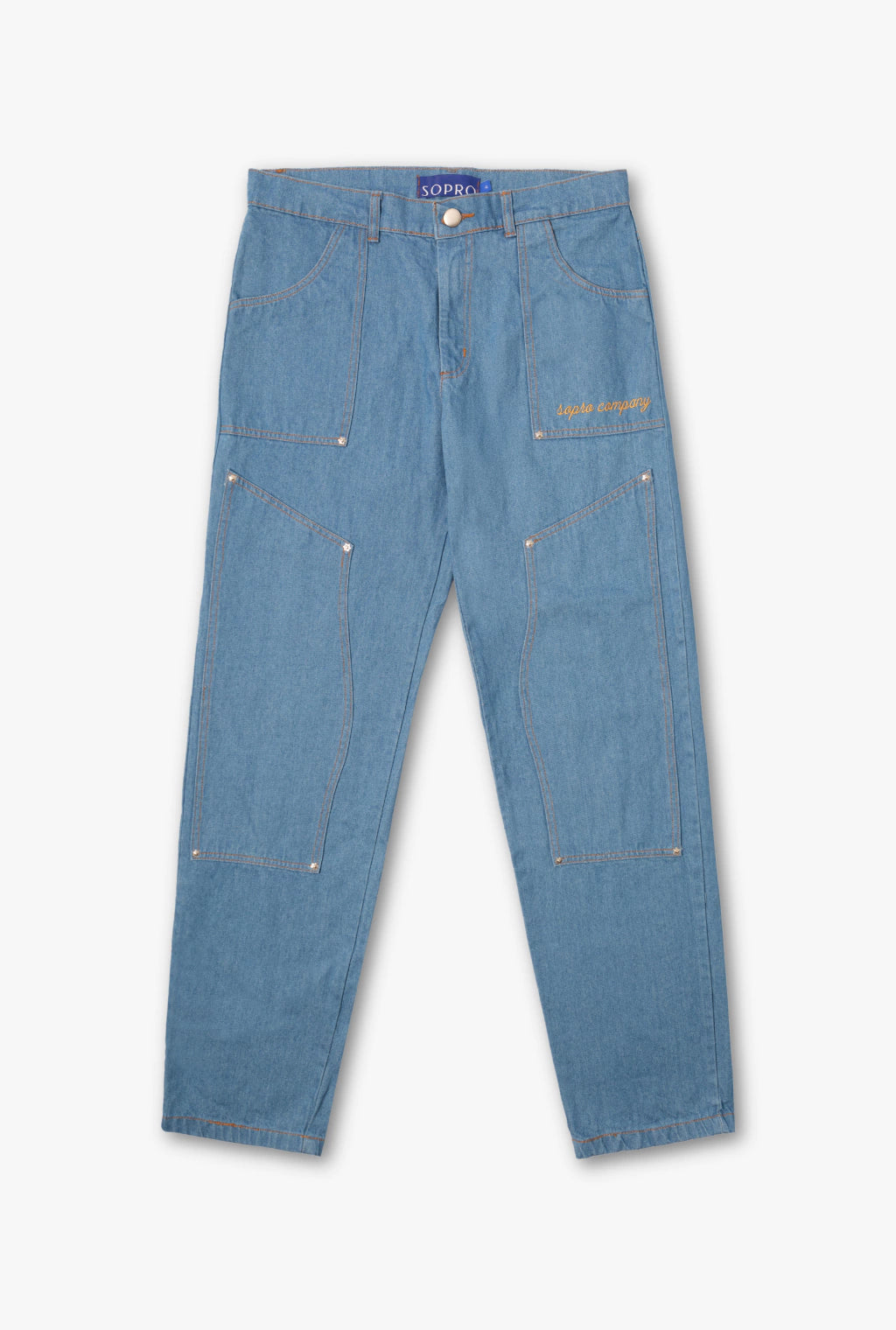 Calça Aporo Sulco jeans azul claro com bolsos frontais grandes e costura reforçada